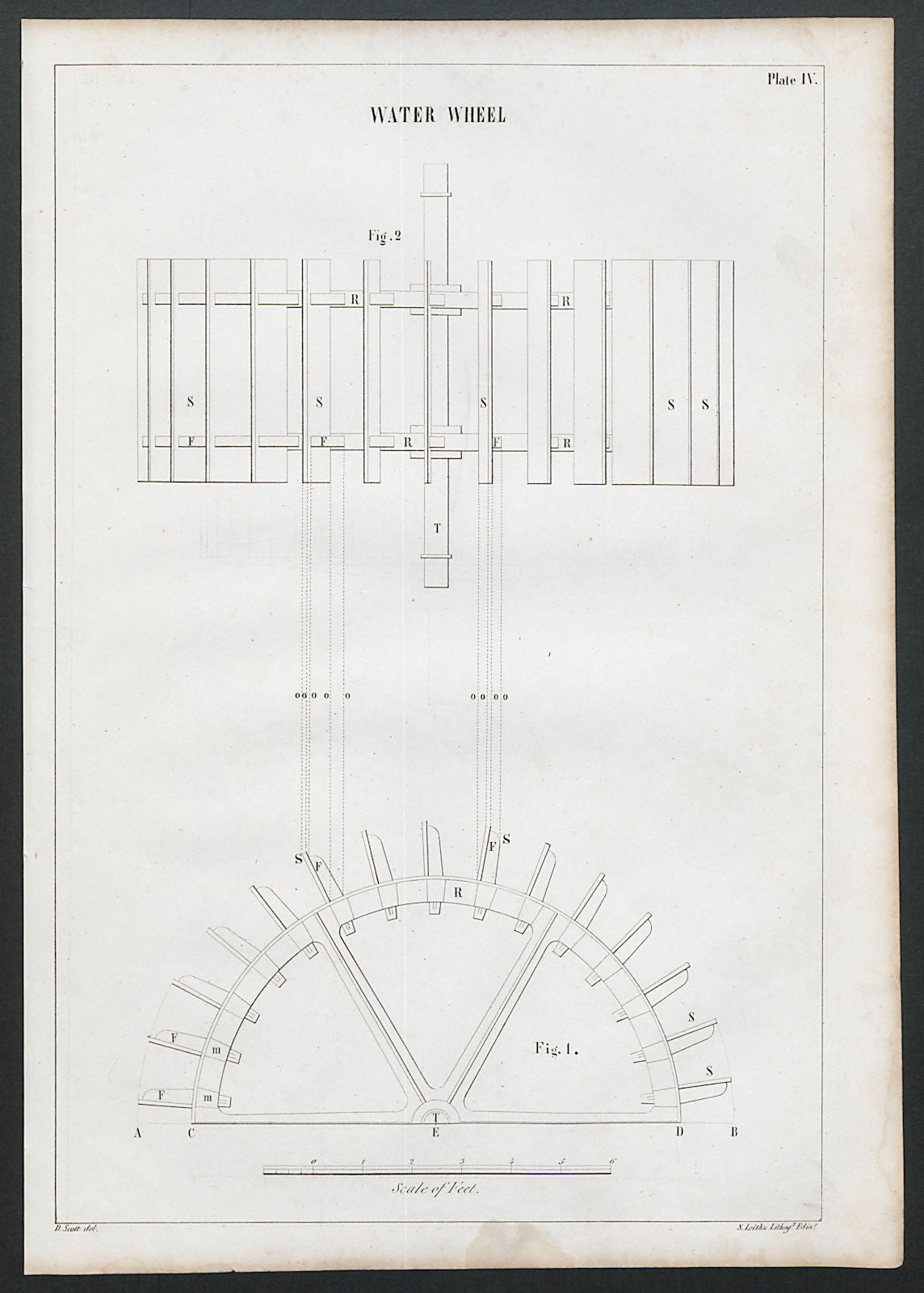 VICTORIAN ENGINEERING DRAWING Water wheel 1847 old antique print picture